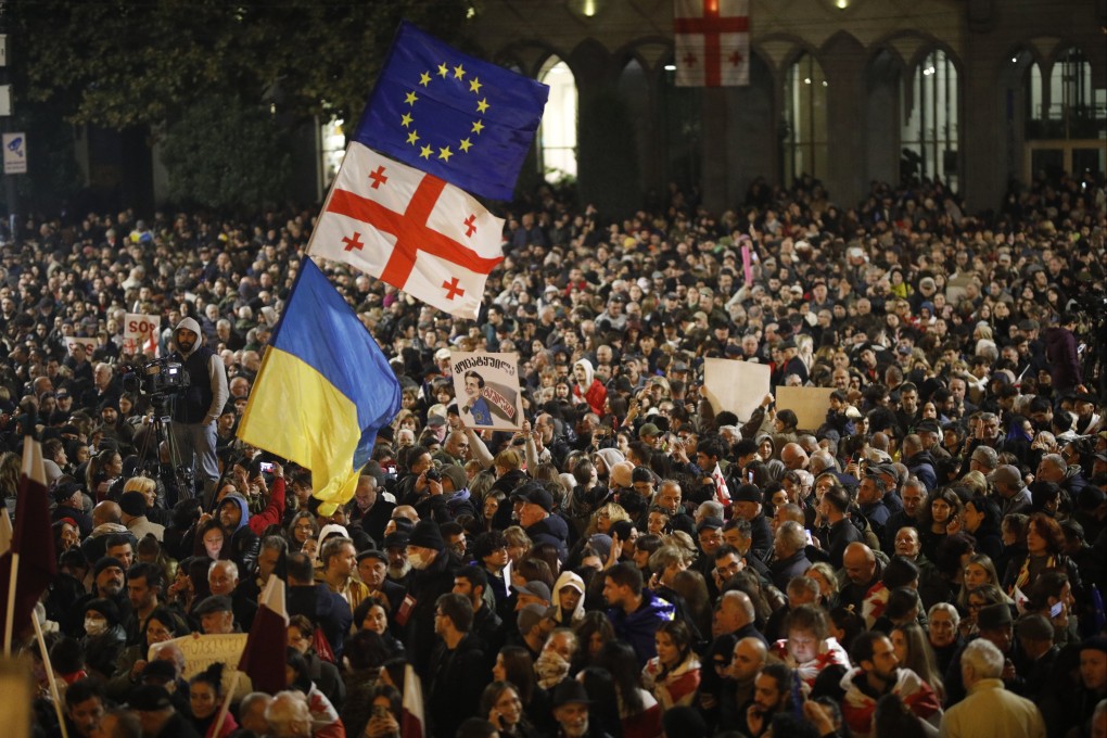 Thousands of people protested outside Georgia’s parliament in Tbilisi on Monday. Photo: EPA-EFE