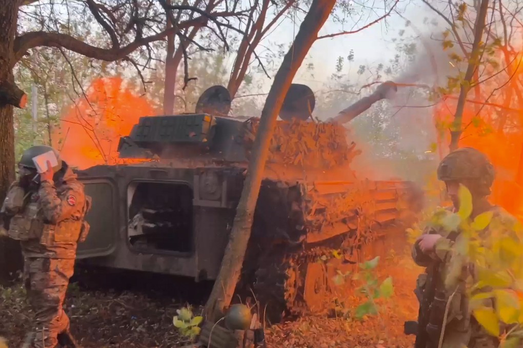 A Russian Gvozdika 120mm howitzer fires towards Ukrainian positions at border area of Russia’s Kursk region, in footage released on Wednesday. Photo: Russian Defence Ministry Press Service via AP