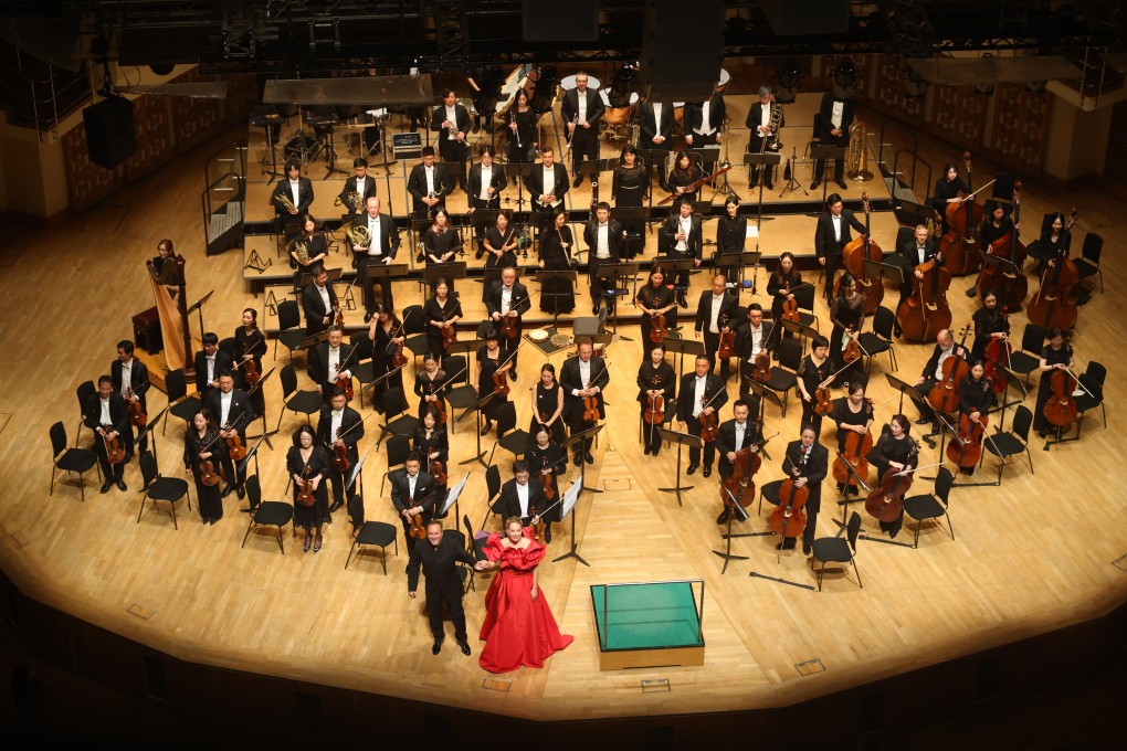 Elīna Garanca, her husband and conductor Karel Mark Chichon, and the Macao Orchestra receive the applause of the audience during their concert at the Hong Kong Cultural Centre Concert Hall on October 29, 2024. Photo: courtesy of LCSD