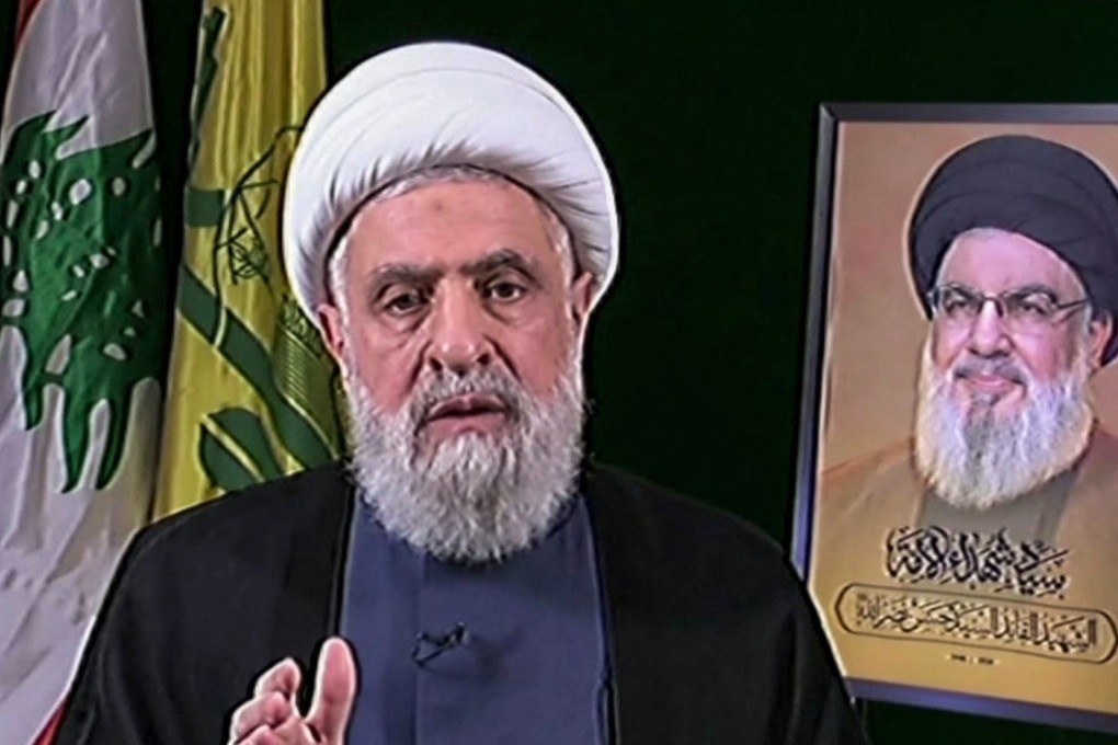 Hezbollah’s new leader Naim Qassem gives a televised address from an undisclosed location on Wednesday. Photo: Al-Manar via AFP