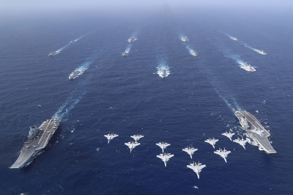 The Shandong and Liaoning sail side by side during the exercises in the South China Sea. Photo: Xinhua