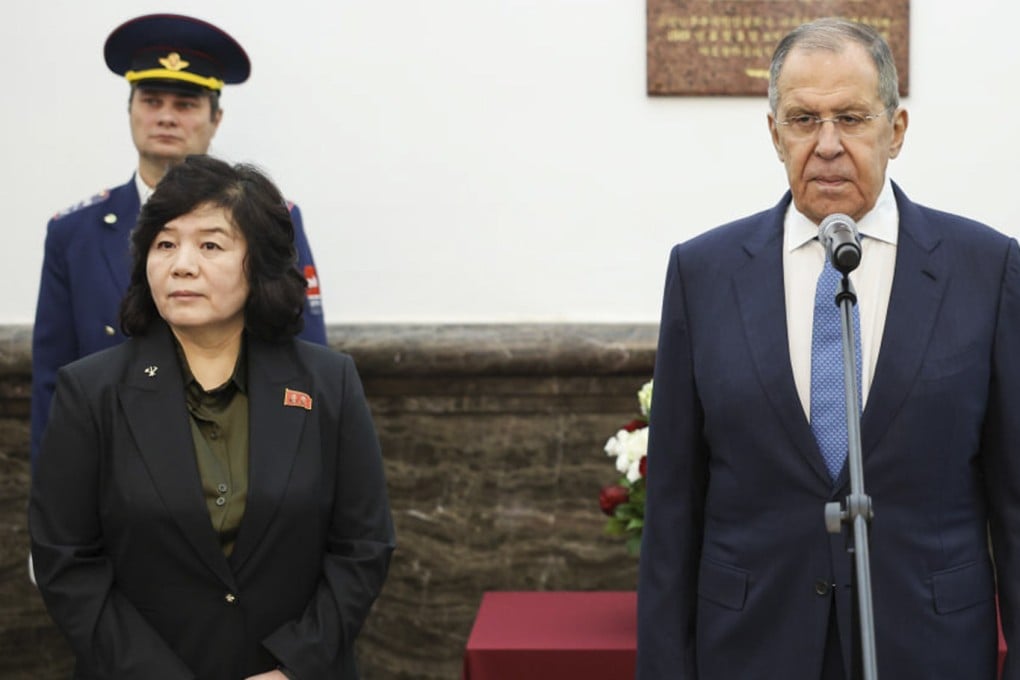Russian Foreign Minister Sergey Lavrov, (right), and North Korean Foreign Minister Choe Son Hui attend an unveiling ceremony of the plaque to mark Kim Il Sung’s 1949 visit to USSR, at Yaroslavsky railway terminal in Moscow, Russia on Friday. Photo: Russian Foreign Ministry Press Service/AP