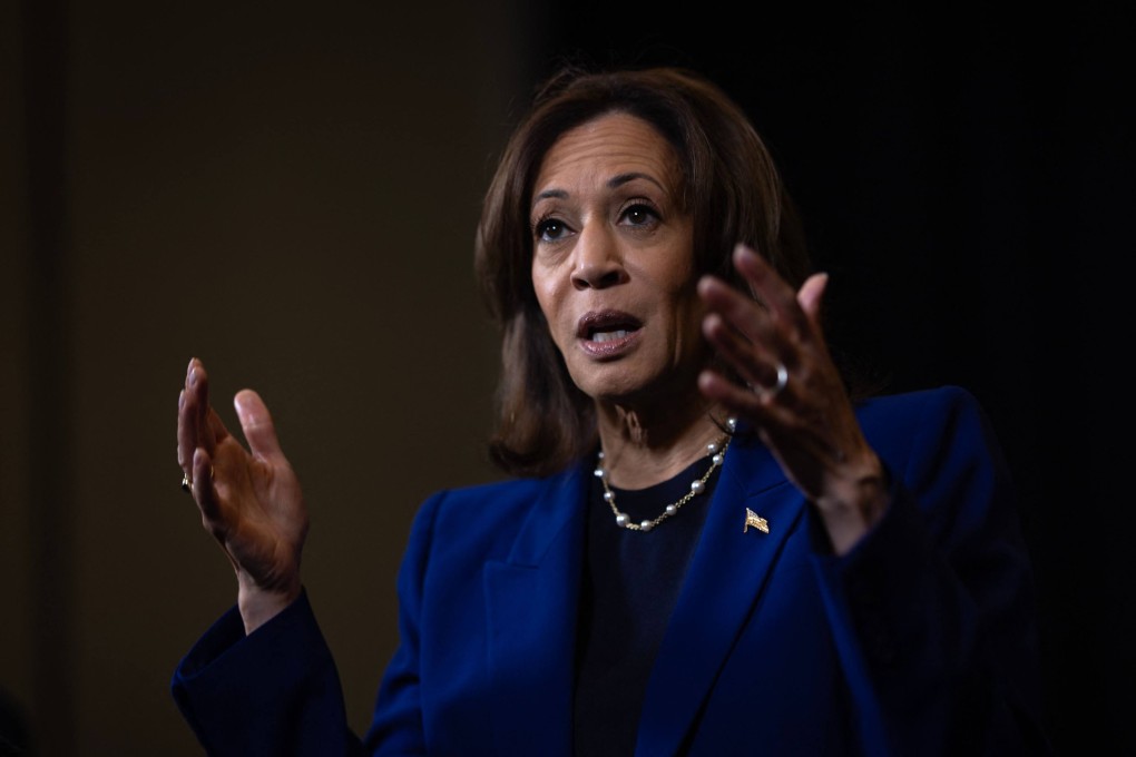 US Vice-President Kamala Harris speaks to the press in Madison, Wisconsin, on Thursday. Photo: AFP