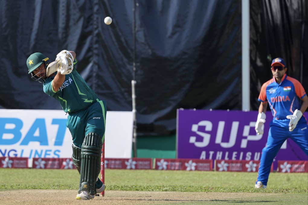 Pakistan’s Muhammad Akhlaq (left) batting against India at the Hong Kong Sixes on Friday. Photo: Dickson Lee
