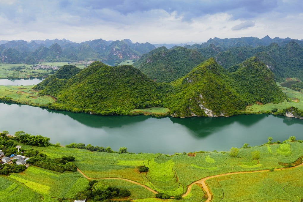 An aerial shot of the Zuo River in Longzhou, Guangxi, China. Photo: VCG