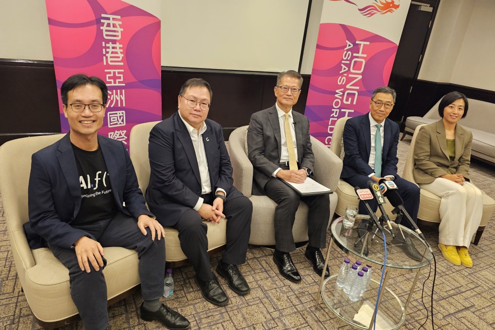 (Left to right):  AIF (T) founder and CEO Alvin Kwock, Cyberport director Charleston Sin, Financial Secretary Paul Chan Mo-po, Hong Kong Science and Technology Park’s CEO Albert Wong Hak-keung and FJDynamics’ chief financial officer Kiki Zhang during a media briefing at the end of the eighth FII conference in Riyadh on October 31, 2024. Photo: Enoch Yiu.