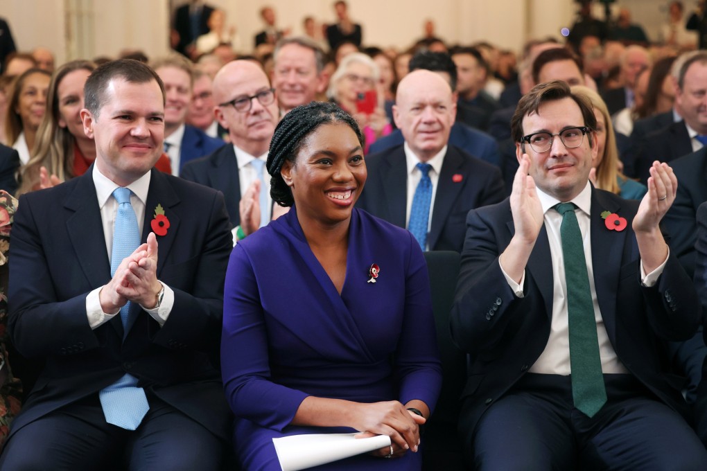 New Conservative Party leader Kemi Badenoch (centre) and her husband Hamish (right) and Conservative Party leader candidate Robert Jenrick (left) following the party’s new leader announcement in London, Britain, on Saturday. Badenoch succeeds Rishi Sunak. Photo: EPA-EFE