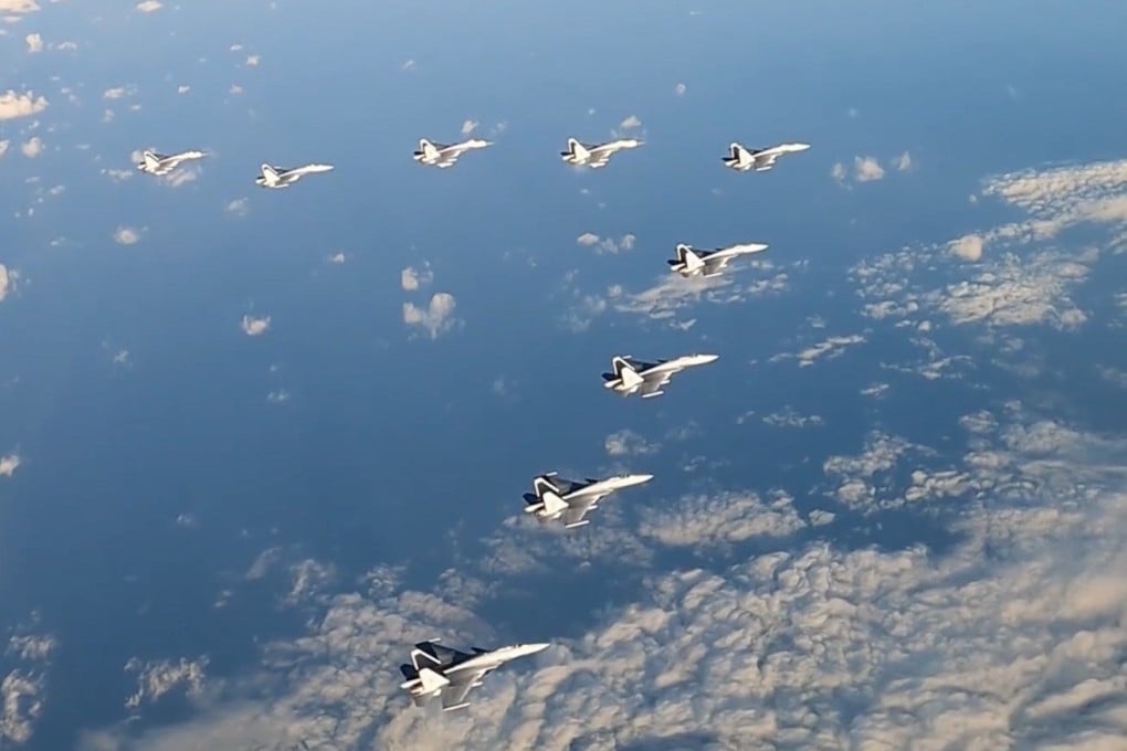 At least nine of the aircraft in the exercise are believed to be J-15Bs. Photo: CCTV