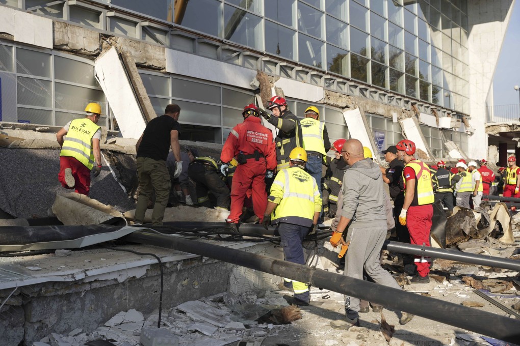 Rescuers work at the scene of a roof collapse at a railway station in Novi Sad, Serbia, on Friday. Photo: Interior Ministry of Serbia via AP