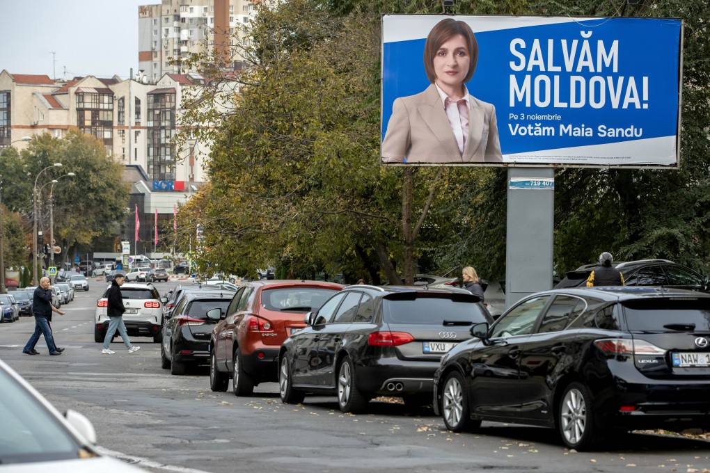 An electoral billboard displaying Moldovan President Maia Sandu. Moldova holds the second round of its presidential election between Sandu and former prosecutor general Alexandr Stoianogl. Photo: EPA-EFE