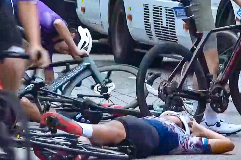 At least 11 cyclists have been injured in accidents at a Hong Kong cycling festival on Sunday, with two sent to hospital. Photo: i-Cable TV News