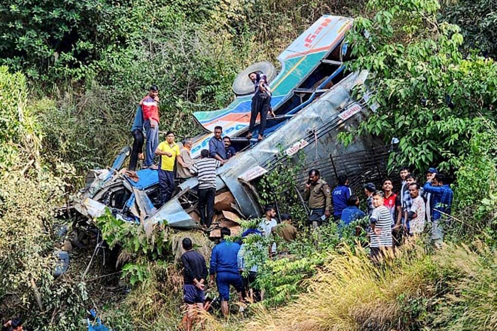 A bus veered off the road and plunged into a deep gorge in northern India on Monday, killing at least 24 people and injuring several others, officials said. Photo: AFP/ DIPR Uttarakhand