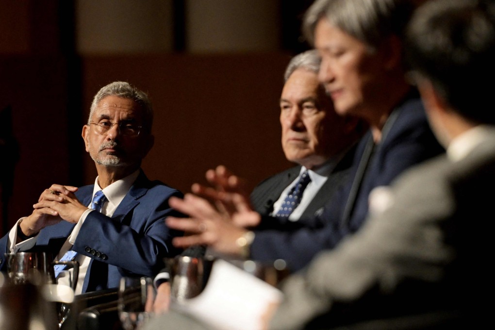 Indian’s External Affairs Minister S. Jaishankar (left) and New Zealand’s Foreign Minister Winston Peters listen to Australia’s Foreign Minister Penny Wong during a panel discussion in Canberra on Wednesday. Photo: AFP