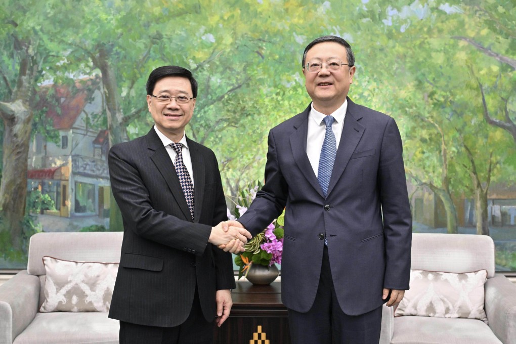 Chief Executive John Lee (left) and Shanghai party chief Chen Jining. Lee says the two places “will continue to achieve complementarity and mutual benefits”. Photo: Handout