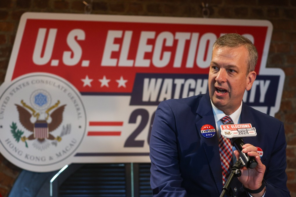 Diplomat Gregory May speaks to reporters at a US election watch party in Central. Photo: Edmond So