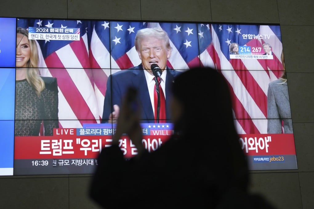 A screens shows live footage of Republican presidential nominee, former President Donald Trump, giving a speech during a news programme in Seoul, South Korea. Photo: AP