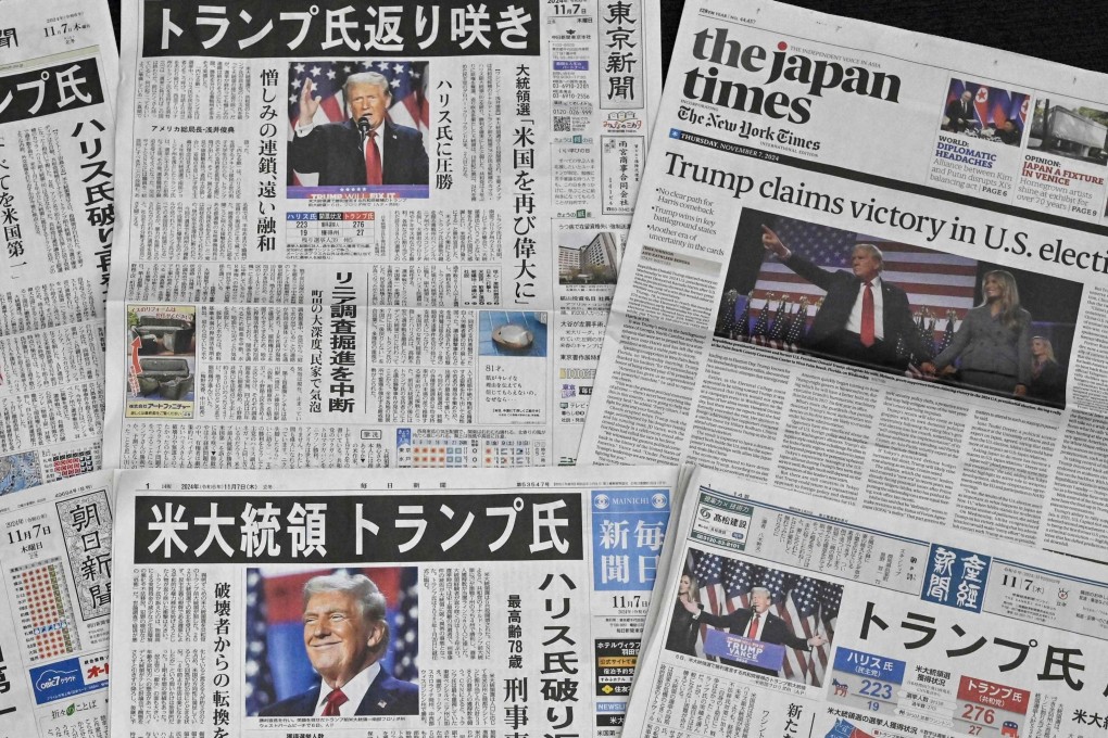 A selection of newspaper front pages in Tokyo on November 7, with images of US president-elect Donald Trump the day after his election victory. Photo: AFP