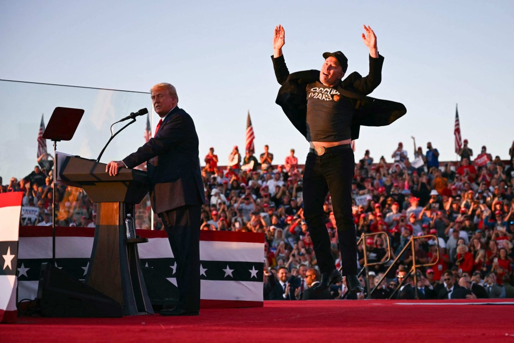 US president-elect Donald Trump on stage with Tesla CEO Elon Musk during a campaign rally in Pennsylvania last month. Musk’s business ties to China have been a focus for Beijing recently. Photo: AFP