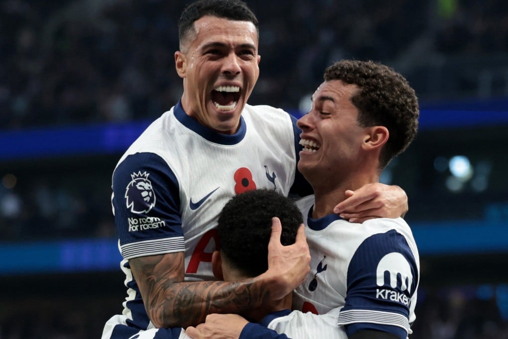 Tottenham Hotspur’s Dominic Solanke carries Brennan Johnson (right) and Pedro Porro in celebration after scoring their second goal against Aston Villa. Porro could be on his last legs, though, FPL wise. Photo: Reuters