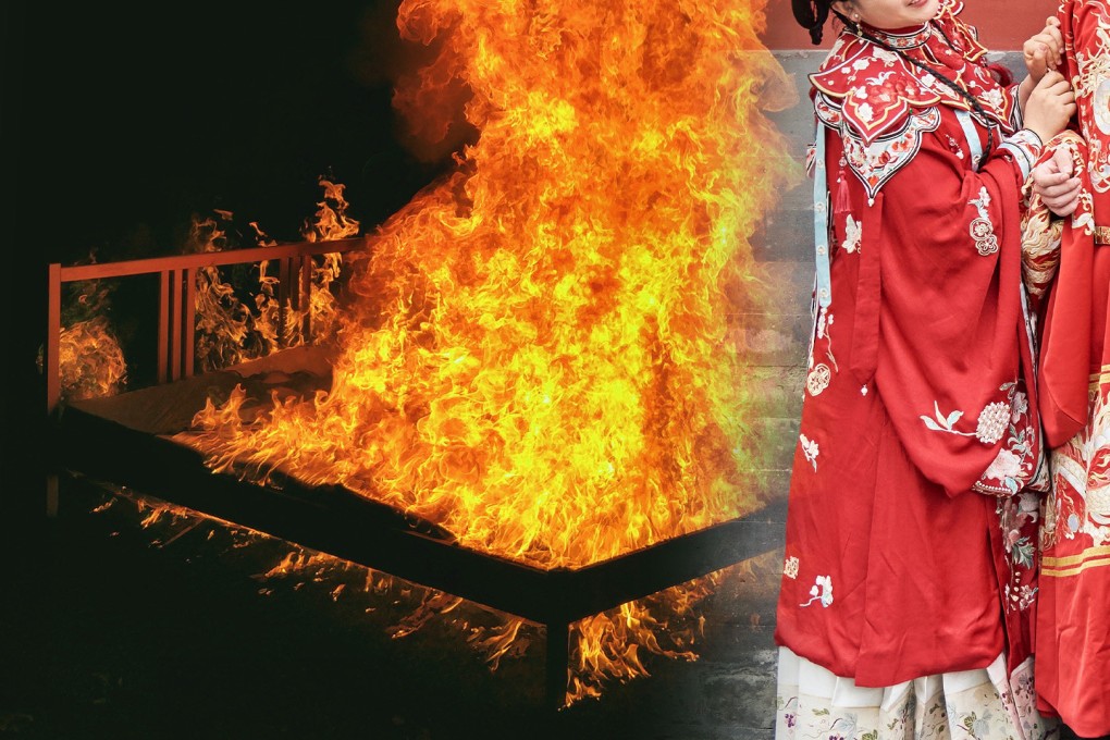 A man in China has been scammed by his lover who persuaded him to “pay her ex-husband” US$14,000 to burn her old “marriage bed’” then vanished. Photo: SCMP composite/Shutterstock