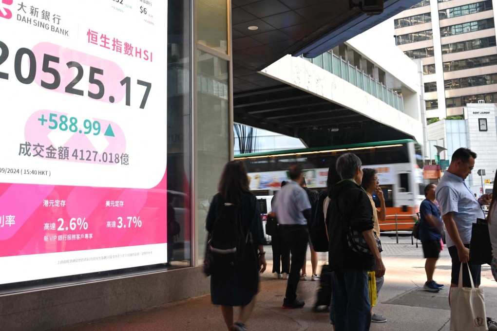 Pedestrians walk past a sign showing the numbers of the Hang Seng Index in September 2024. Photo: AFP