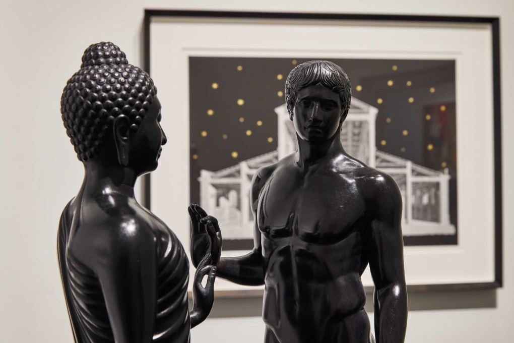 Déjà vu (2019) by Natee Utarit, a bronze work that shows the standing Buddha (left) and the classical Greek statue “The Doryphoros”, part of the Thai contemporary artist’s solo exhibition at The Private Museum in Singapore. Photo: The Private Museum