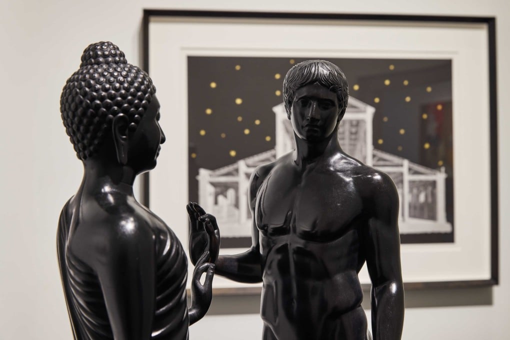 Déjà vu (2019) by Natee Utarit, a bronze work that shows the standing Buddha (left) and the classical Greek statue “The Doryphoros”, part of the Thai contemporary artist’s solo exhibition at The Private Museum in Singapore. Photo: The Private Museum