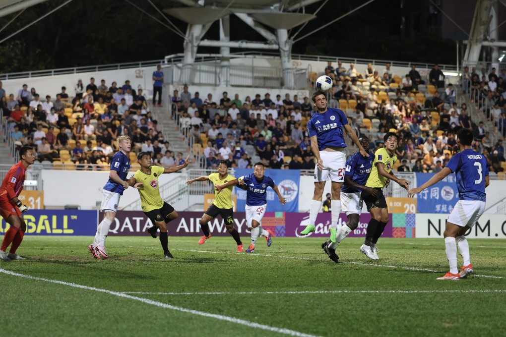 Eastern’s Marcos Gondra leaps to clear a Kaya corner at Mong Kok Stadium. Photo: Edmond So