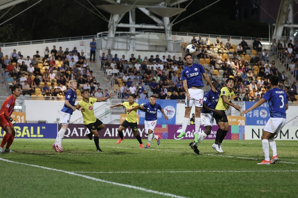 Eastern’s Marcos Gondra leaps to clear a Kaya corner at Mong Kok Stadium. Photo: Edmond So