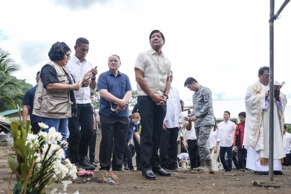 Philippine President Ferdinand Marcos Junior during his visit to a village that was hit by a landslide brought by Typhoon Trami in Talisay, Batangas, Philippines, on Monday. Photo: EPA-EFE