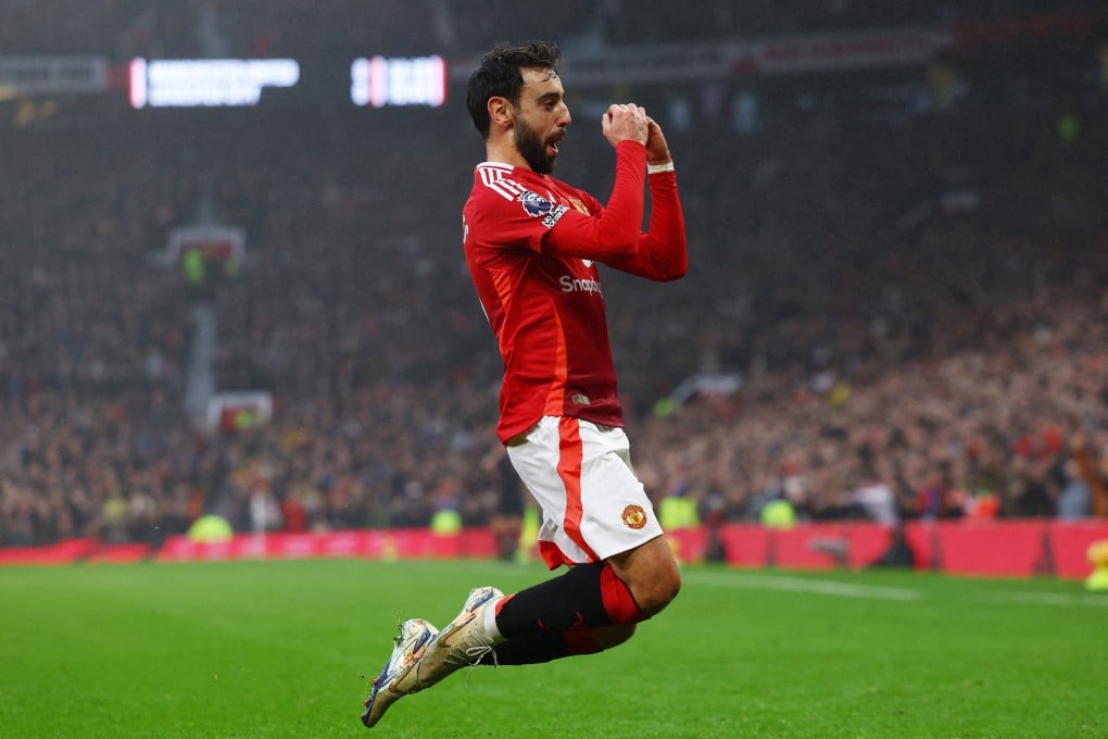 Bruno Fernandes celebrates opening the scoring against Leicester City on his 250th Manchester United appearance. Photo: Reuters