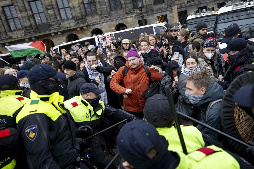 Protesters take part in a Pro-Palestinian demonstration on Dam Square in Amsterdam on Sunday. Photo: AFP
