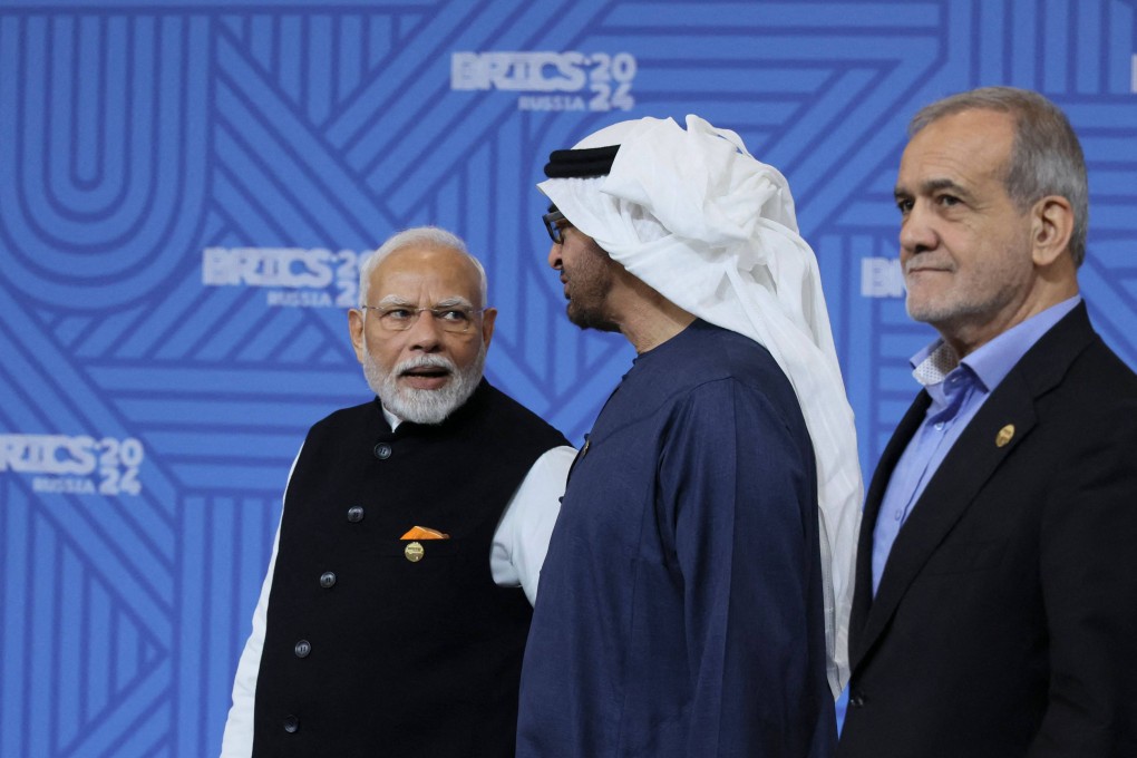 India’s Prime Minister Narendra Modi, the United Arab Emirates’ President Sheikh Mohamed bin Zayed Al Nahyan and Iran’s President Masoud Pezeshkian attend a family photo session during the Brics summit in Kazan on October 23. Photo: AFP