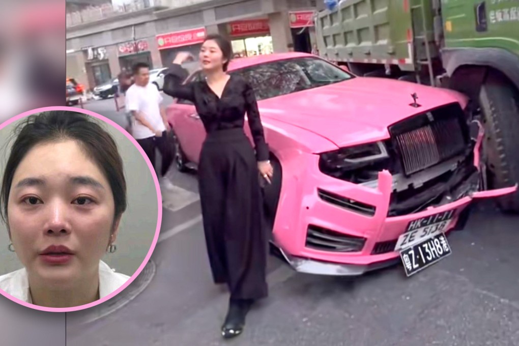 Following the fender bender, Zhu, above, took a photo in front of her damaged bonnet and posted it on her social media. Photo: SCMP composite/Douyin