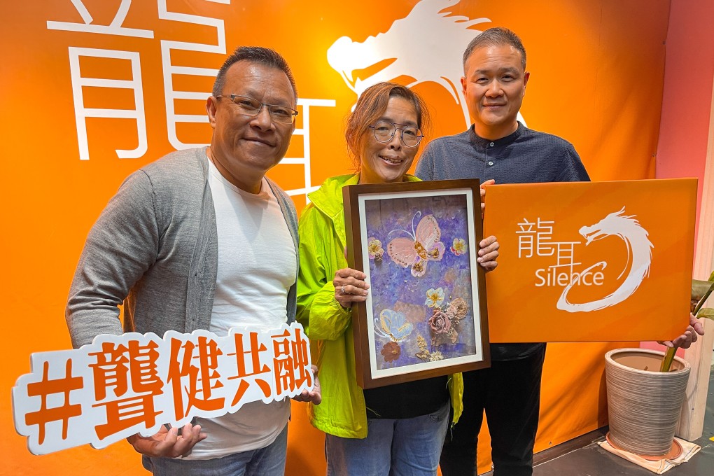 Silence CEO Tsan Siu (left), beneficiary Kitty Chui (middle), and Ken Ng (right) call for more services for Hong Kong’s deaf and hard-of-hearing people. Photo: Cindy Sui