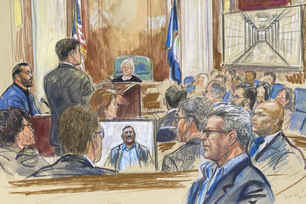 Former detainee Salah Al-Ejaili, (foreground with glasses) is depicted at the CACI trial in Alexandria, Virginia, in April. Courtroom sketch: Dana Verkouteren via AP