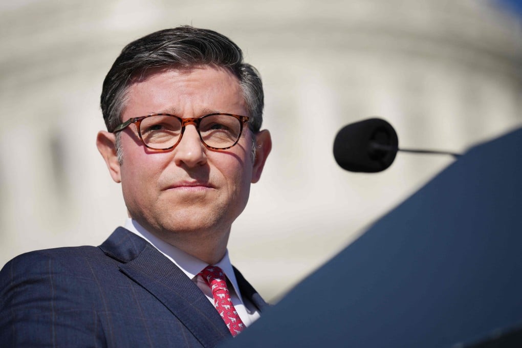 US Speaker of the House Mike Johnson speaks during a news conference outside the Capitol on Tuesday. Photo: AFP