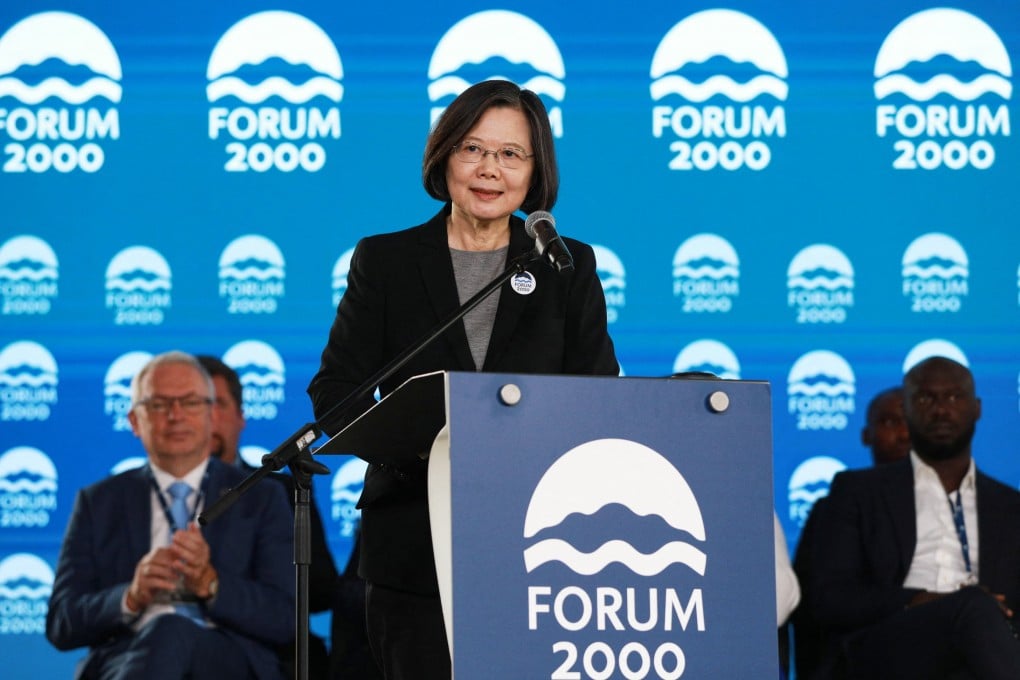 Tsai Ing-wen addresses a conference in Prague, Czech Republic, on October 14, as part of her first overseas trip since stepping down as leader of Taiwan in May. Photo: Reuters