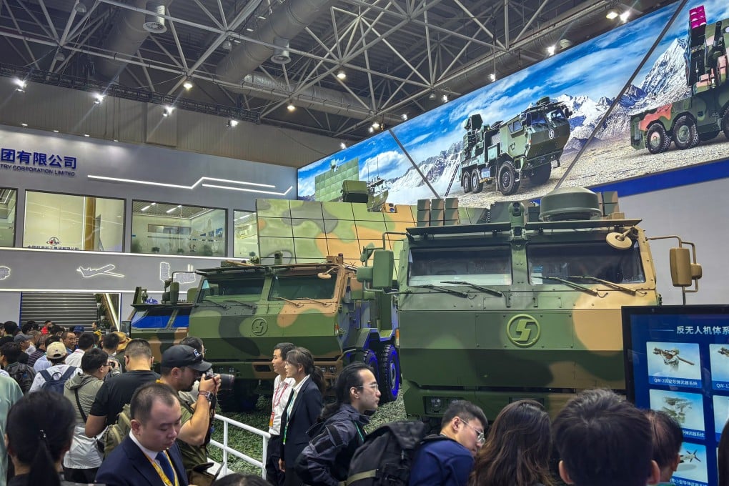 The China Aerospace Science and Technology Corporation displays an FK-4000 air defence weapons system (left) and FK-3000 at the Zhuhai air show. Photo: Hayley Wong
