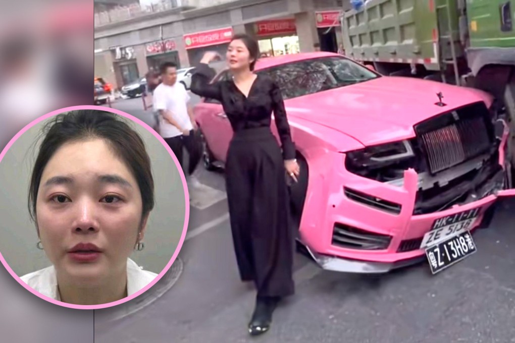 Following the fender bender, Rolls-Royce owner Zhu, above, took a photo in front of her damaged bonnet and posted it on her social media. Photo: SCMP composite/Douyin