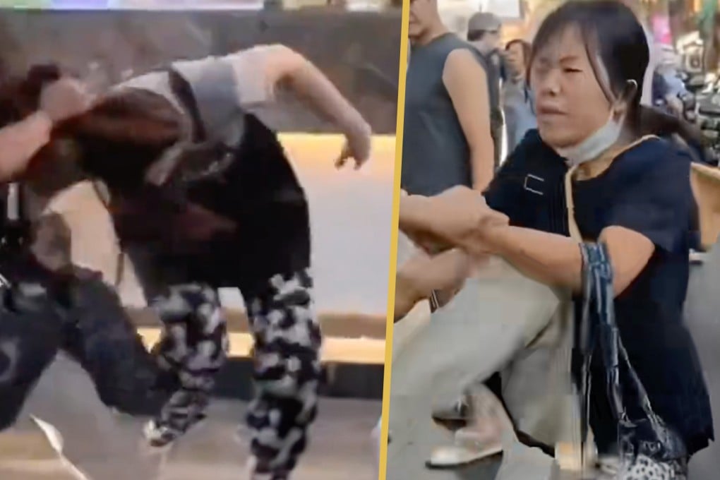 A furious mother assaulted shop staff and bit a security guard after her son was stopped from stealing some milk tea. Photo: SCMP composite/Douyin