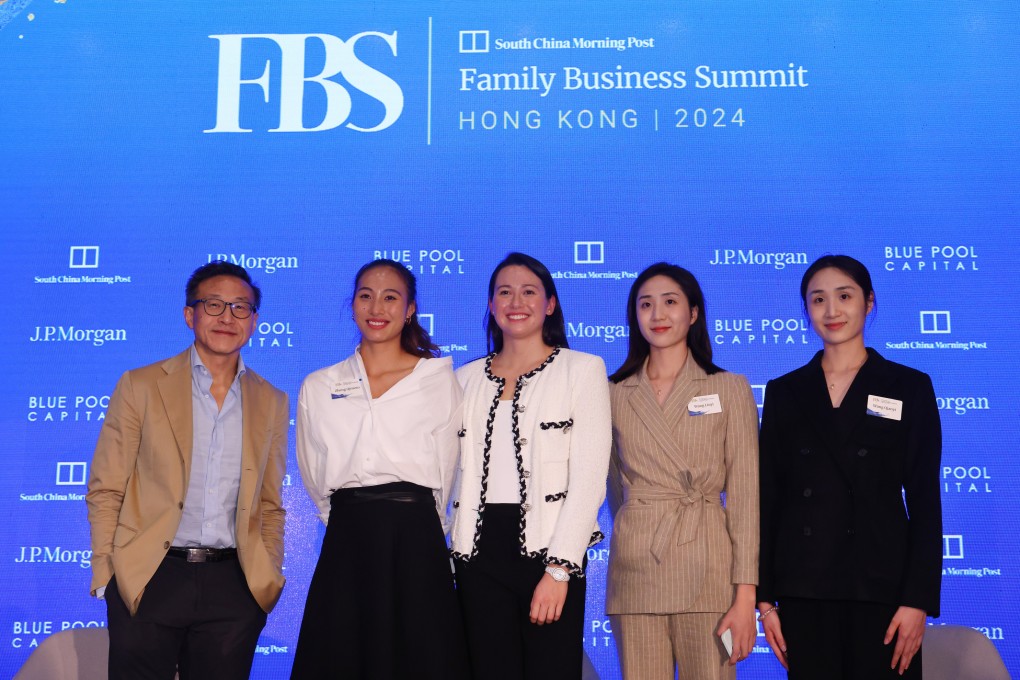 (From left) Joe Tsai, co-founder and chairman of Alibaba Group, Zheng Qinwen, Siobhan Haughey, and twins Wang Liuyi and Wang Qianyi, pose for a group picture during a panel discussion “Conversation with Paris Olympians” at the SCMP Family Business Summit 2024. Photo: Dickson Lee