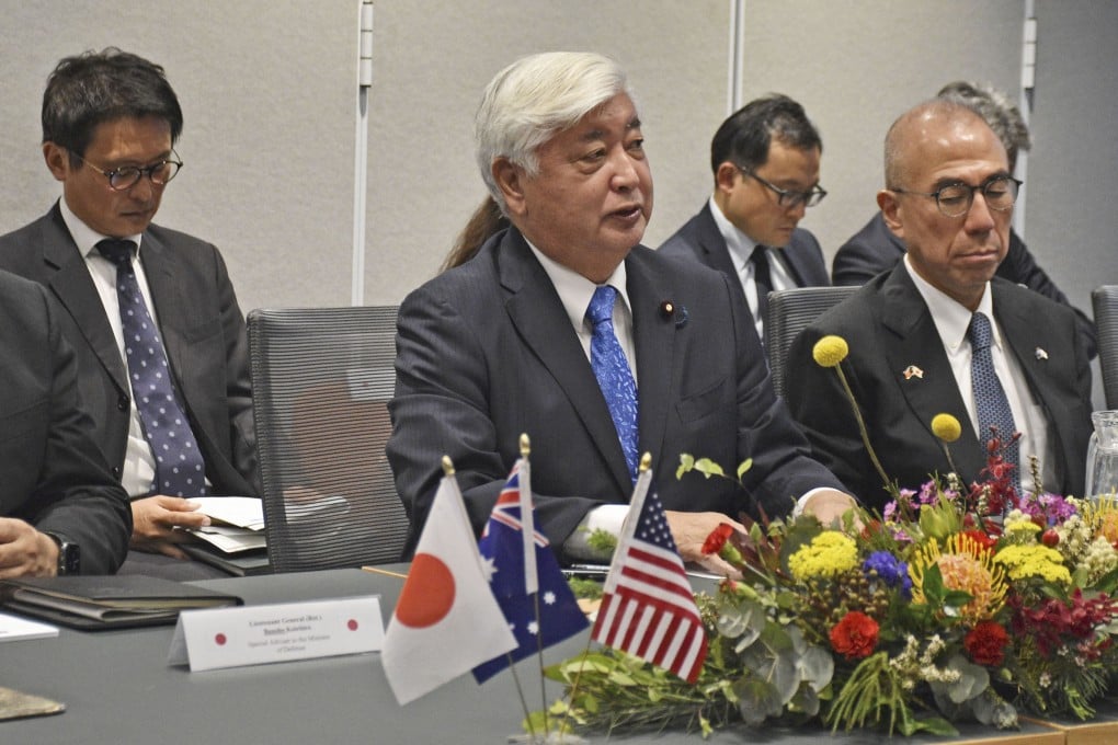 Japanese Defense Minister Gen Nakatani during talks with his US and Australian counterparts, Lloyd Austin and Richard Marles, in Darwin. Photo: Kyodo News