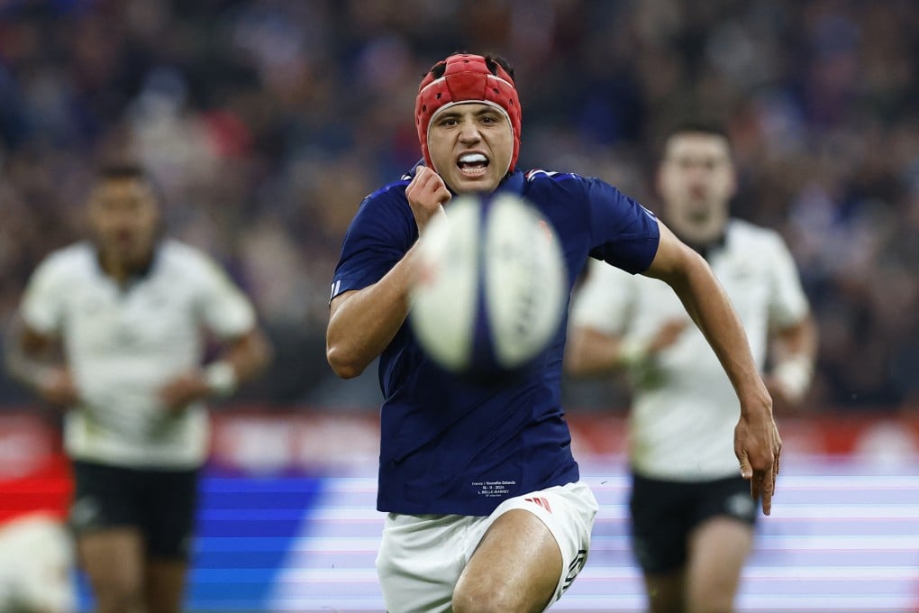 France’s Louis Bielle-Biarrey chases down a kick to score the decisive try in his side’s thrilling win over New Zealand. Photo: Reuters