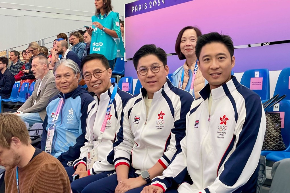 Secretary for Culture, Sports and Tourism Kevin Yeung (second left), alongside Timothy Fok (far left), Kenneth Fok and Eric Fok at the Paris Olympics. Photo: Mike Chan