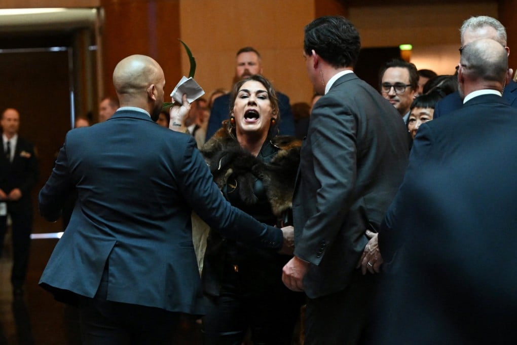 Australian Senator Lidia Thorpe stages a protest last month as Britain’s King Charles attends a parliamentary reception in Canberra. Photo: Reuters