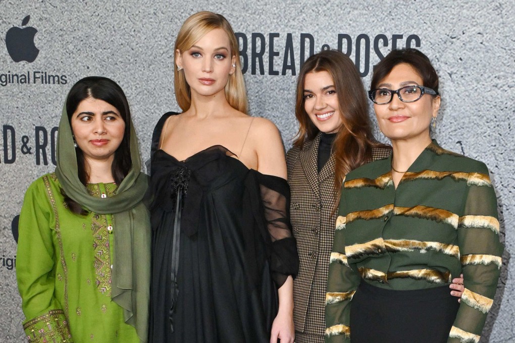(From left) Bread & Roses producers Malala Yousafzai, Jennifer Lawrence and Justine Ciarrocchi, and director Sahra Mani, attend the Los Angeles premiere of the documentary at the Hammer Museum in Los Angeles on November 14, 2024. Photo: AFP