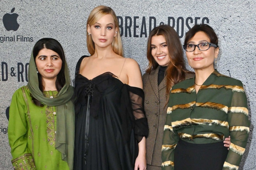 (From left) Bread & Roses producers Malala Yousafzai, Jennifer Lawrence and Justine Ciarrocchi, and director Sahra Mani, attend the Los Angeles premiere of the documentary at the Hammer Museum in Los Angeles on November 14, 2024. Photo: AFP