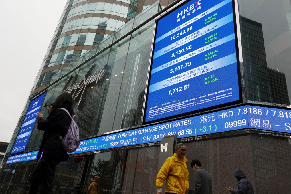 People pass screens displaying stock information outside Exchange Square in Central, Hong Kong, on January 23, 2024. Photo: Reuters