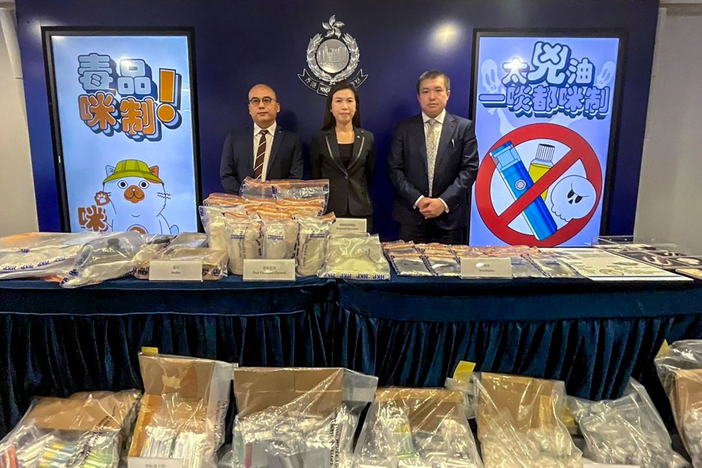 Acting superintendent of the narcotics bureau Charm Yiu-kwong, chief superintendent of Narcotics Bureau Ng Wing-sze, and, consultant with the Toxicology Reference Laboratory of the Hong Kong Poison Control Centre Dr Chong Yeow-kuan attend a press conference on November 1 on the arrest of a 20-year-old man for possessing about 1.5kg of suspected etomidate. Photo: Handout